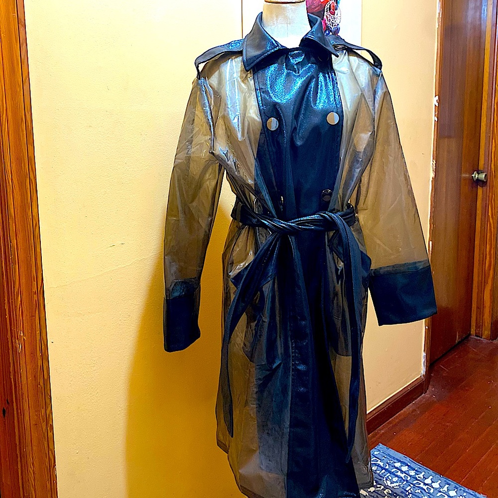 Transparent Trench Raincoat with Pockets Packable Rain Jacket Double Breasted